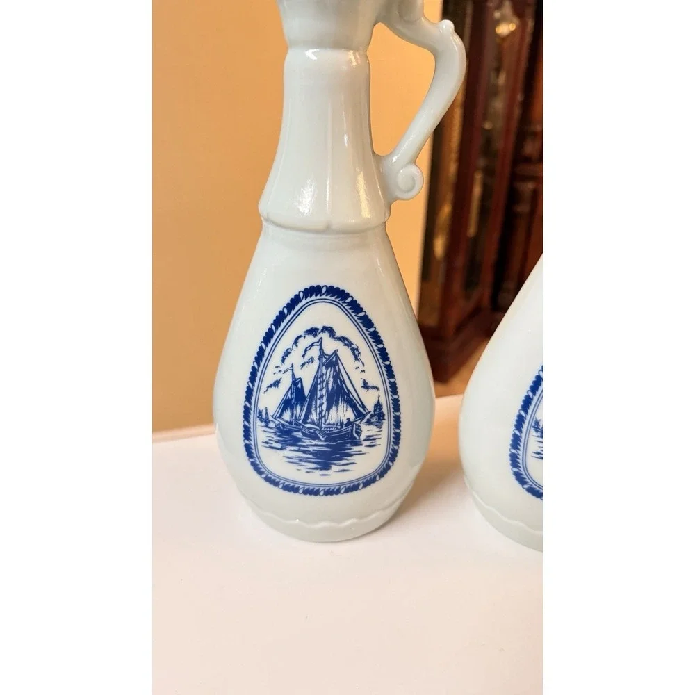 1963 Jim Beam Milk Glass Decanter Set Delft Blue‎ Sailing Ship Bottle Pair Vtg
